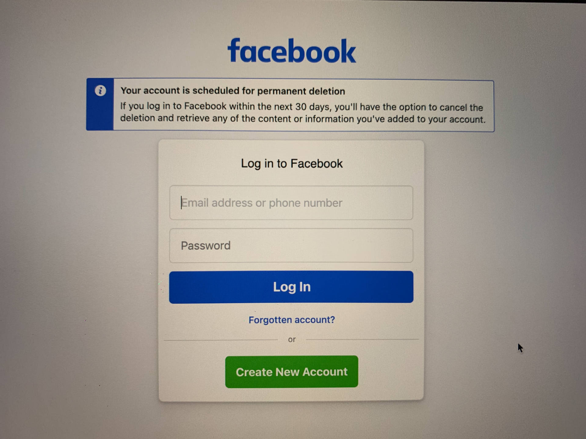 Facebook login screen with a notification: Your account is scheduled for permanent deletion
